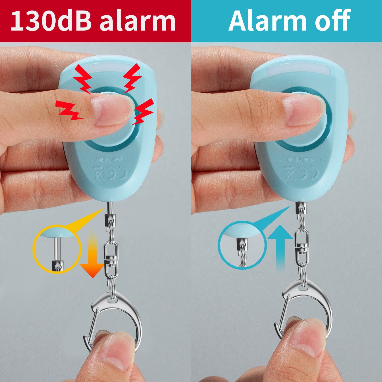 Comparison of a blue alarm keychain with a 130dB alarm and 'Alarm off' feature.