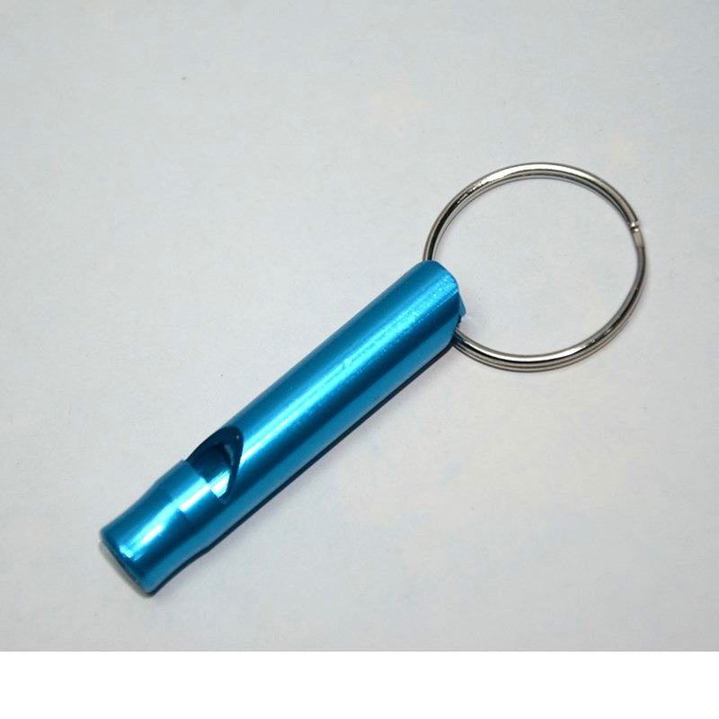 Blue metal rescue whistle keychain on a white background