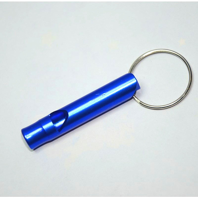 Blue metal keychain rescue whistle on a white background