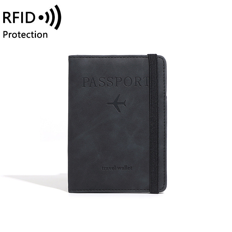 Black passport holder with 'PASSPORT' text and airplane icon on a white background, featuring RFID protection.