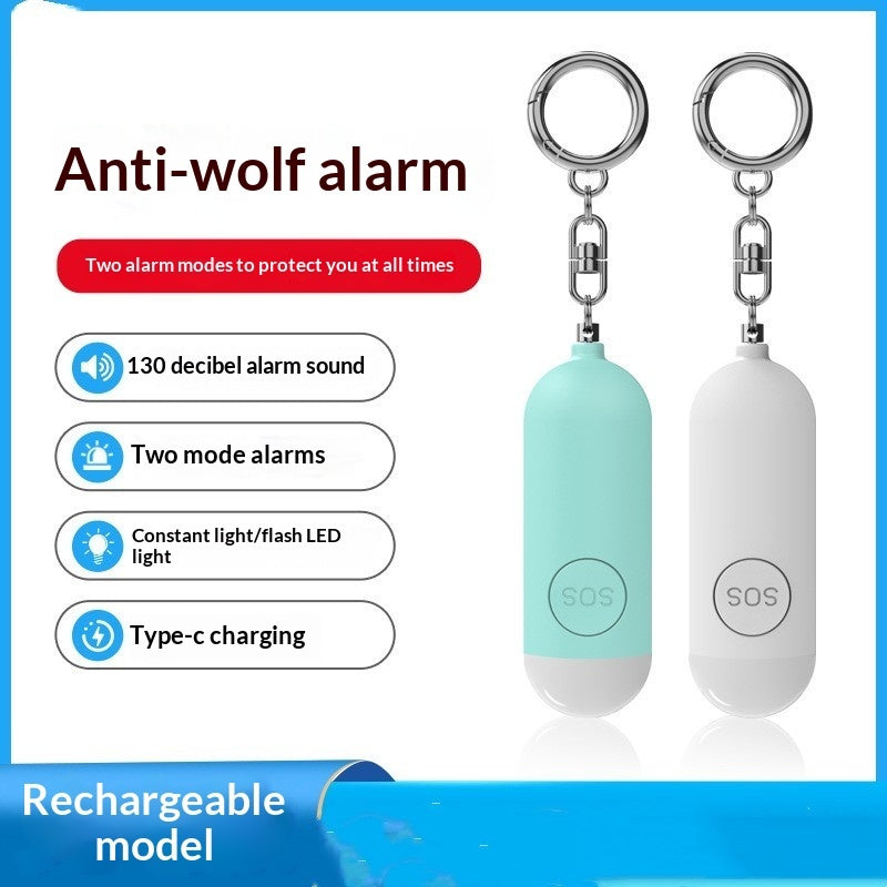 Rechargeable dual-mode personal alarm 130dB with built-in light designed as a compact safety keychain for emergency self-defense and everyday use.