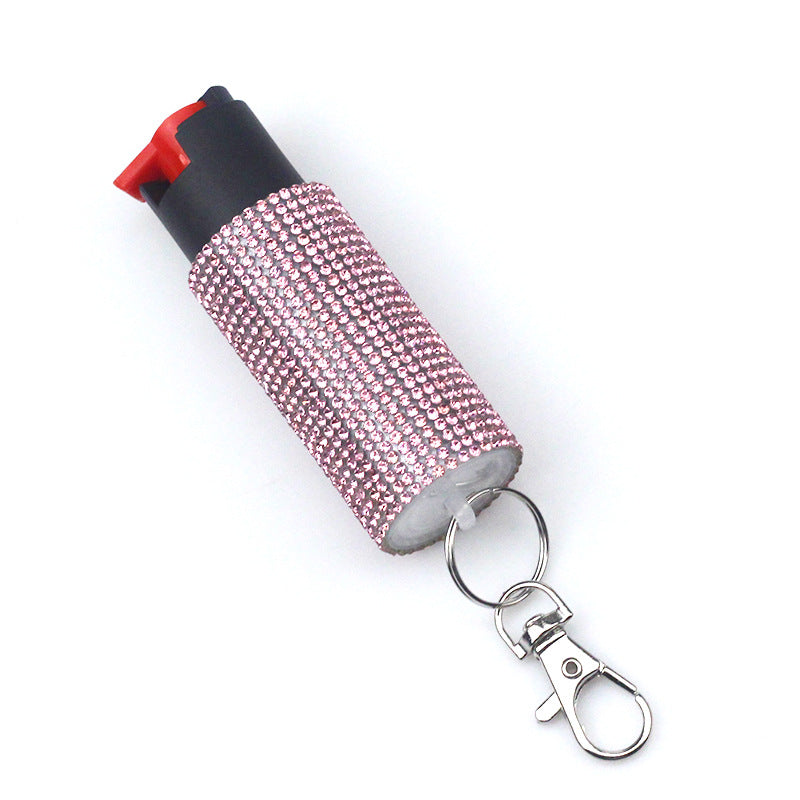 Pink rhinestone pepper spray keychain for women's personal protection