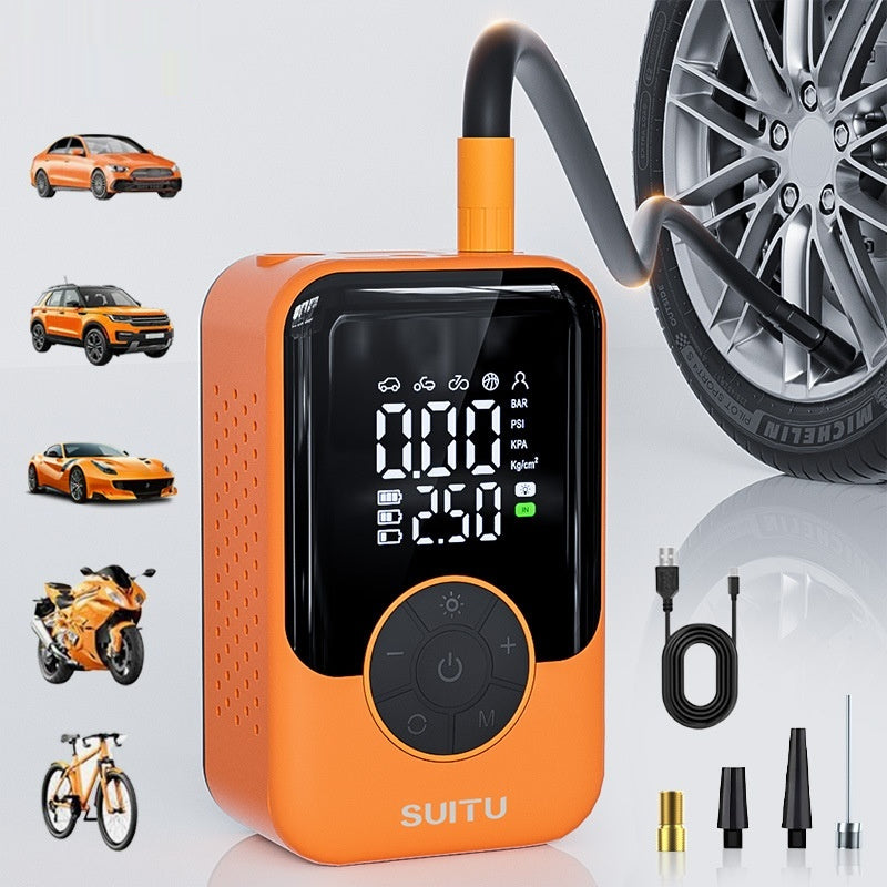 portable air compressor for tires, surrounded by car, bike, and motorcycle icons.