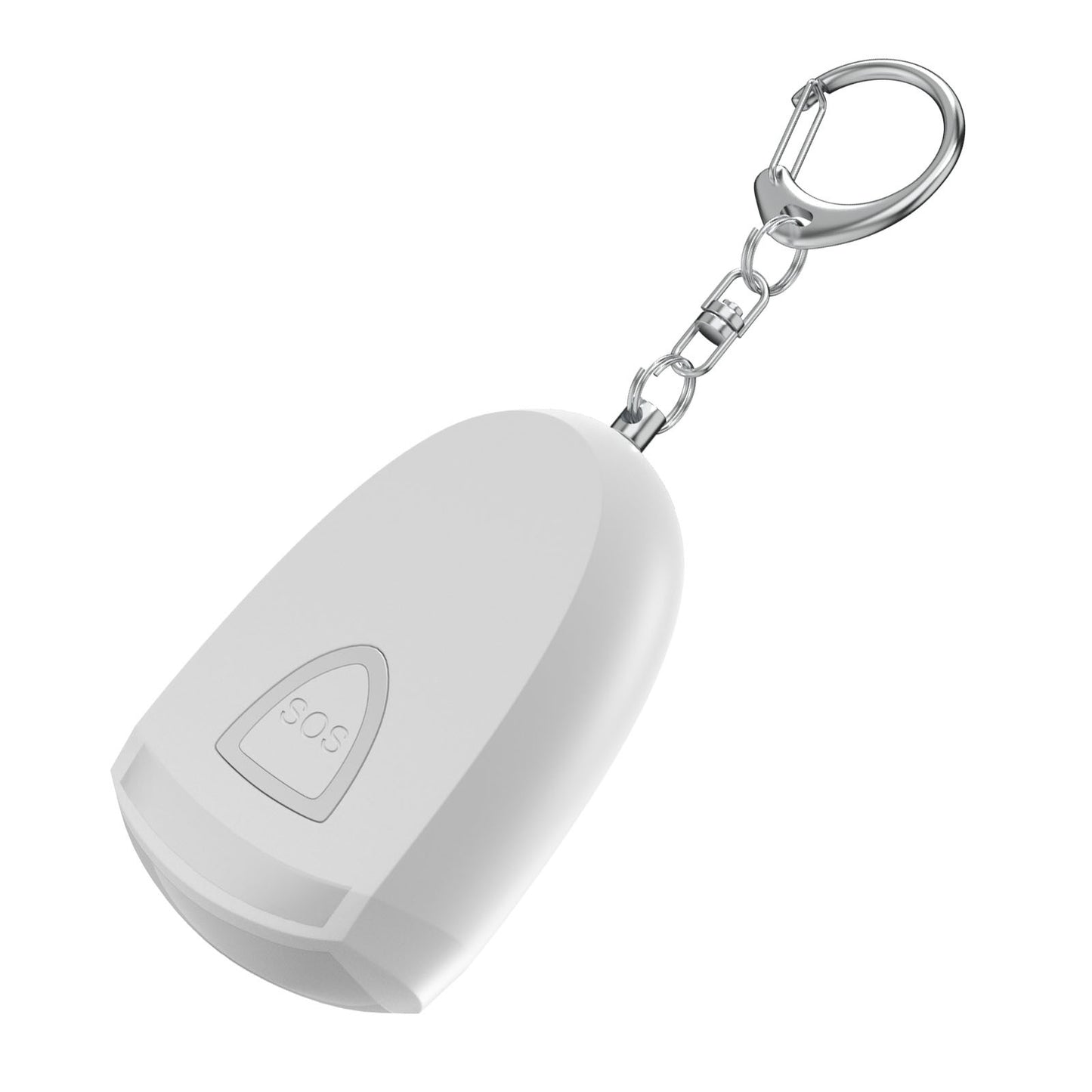 Portable safety alarm keychain with loud alert sound and LED light for quick emergency response and personal protection in white.