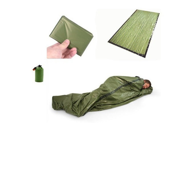 Outdoor emergency bivy sack with drawstring storage bag and whistle