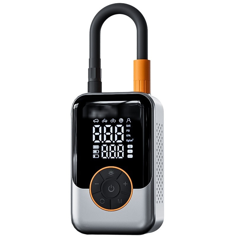 Portable Tire Inflator Air Compressor with a black handle and orange accents on a white background