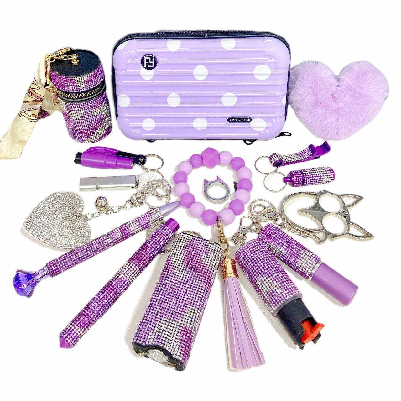 purple camo safety keychain set for women self defense tools with white background