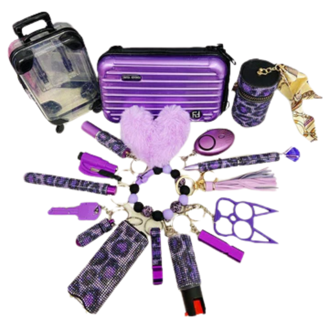 purple leopard safety keychain set for women self defense tools