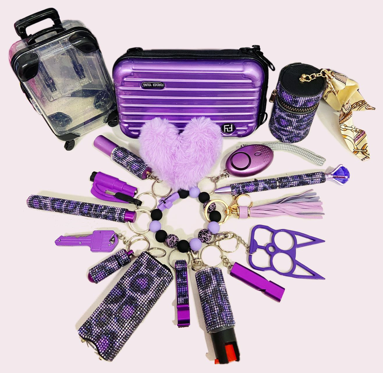 personal safety keychain set with purple leopard print design