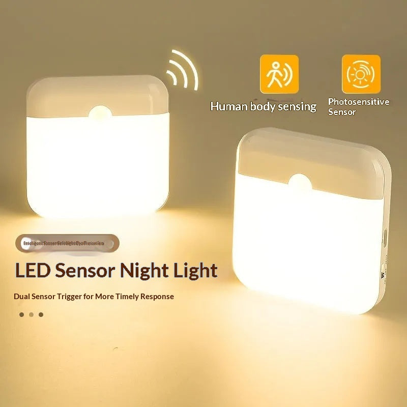 LED Sensor Night Light with dual sensing capabilities on a beige background