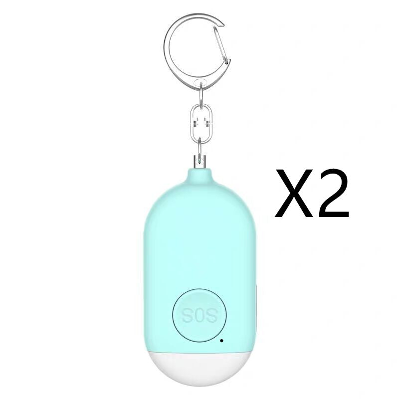 Light blue keychain device with SOS button on a white background
