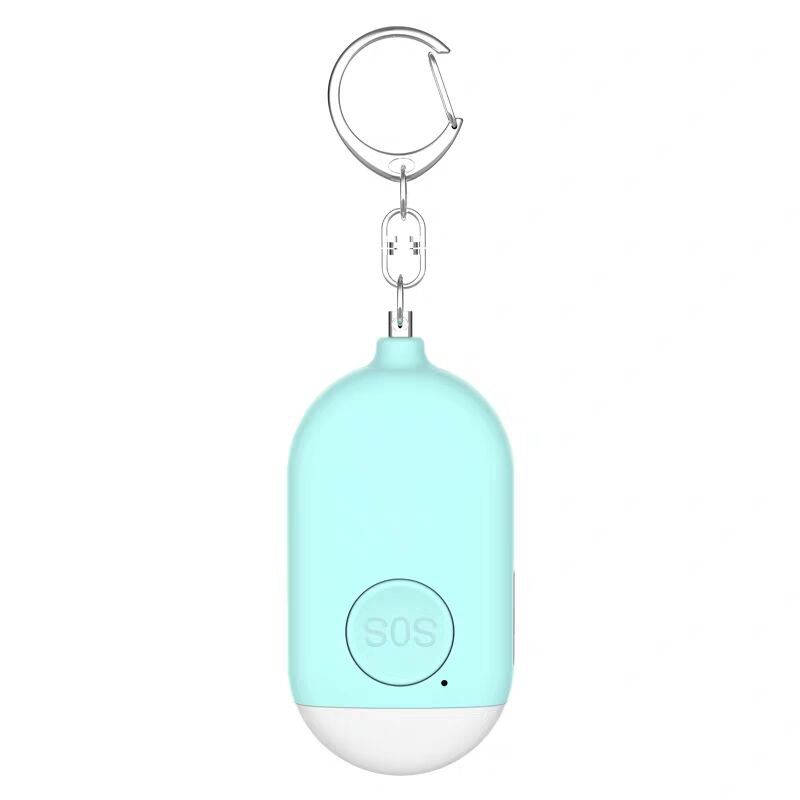 Mint green keychain device with SOS button on a white background