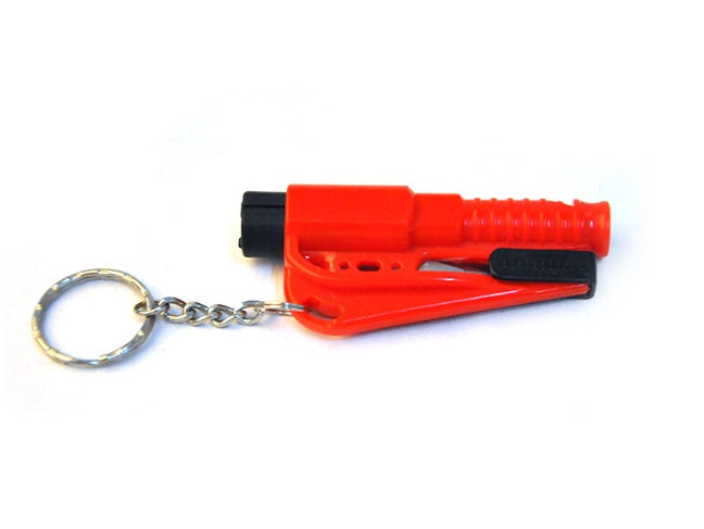 Red and black window breaker with keychain tool on a white background
