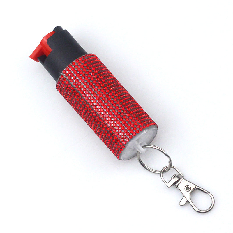 Red rhinestone pepper spray keychain for women's personal protection