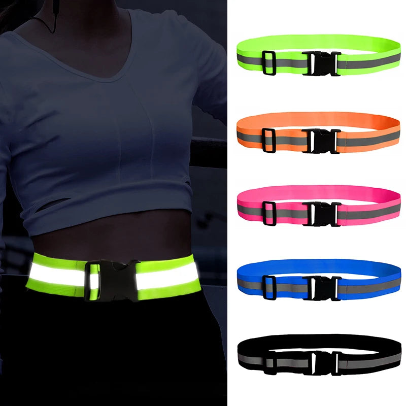 Adjustable reflective running waist belt for nighttime visibility