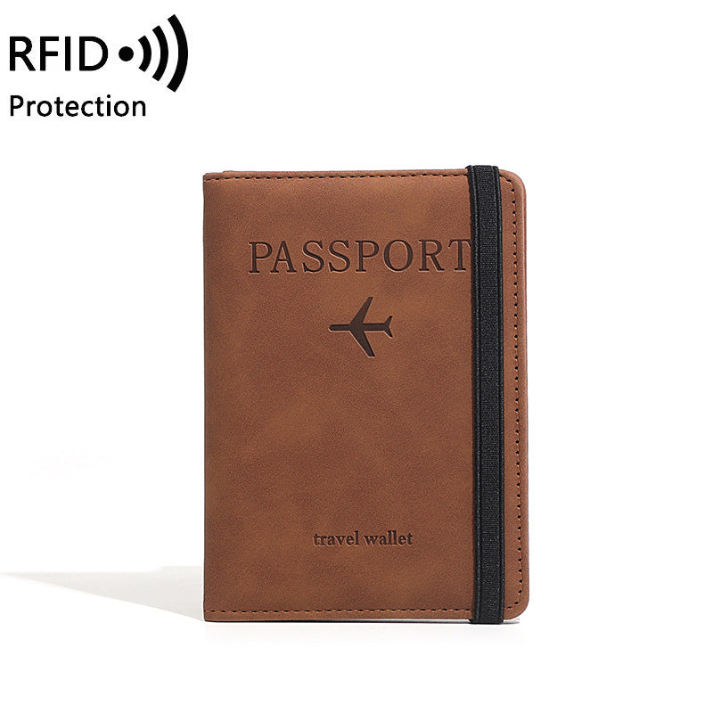 Brown anti theft passport travel wallet on a white background.