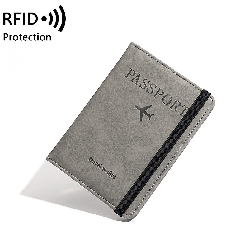 Gray passport travel wallet with 'Passport' text and airplane icon on a white background