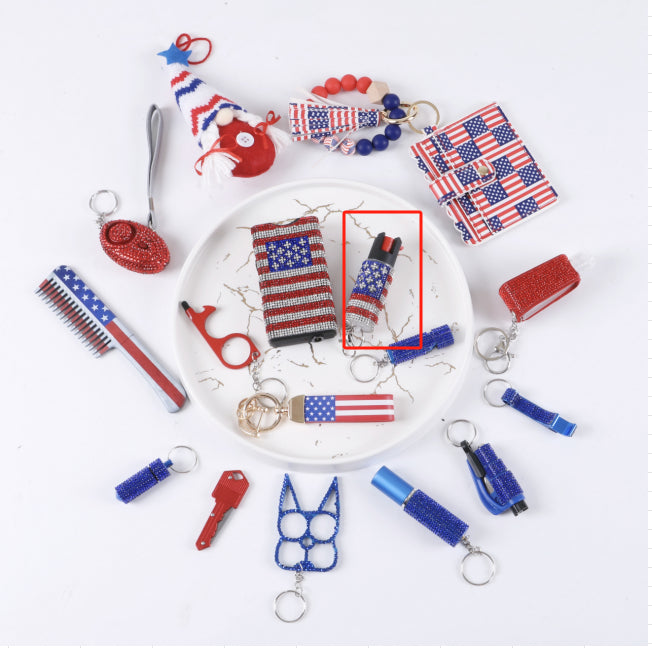 Collection of patriotic keychains and accessories on a white plate with a white background.