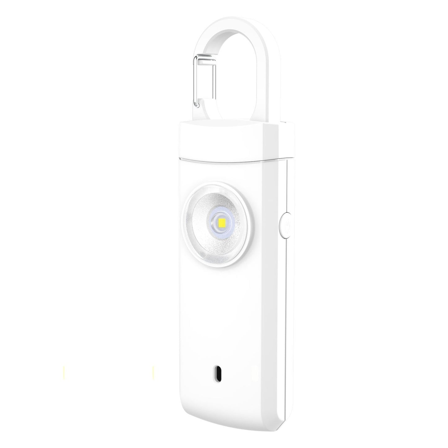Compact safety keychain alarm with 130dB sound and flashlight in white for quick emergency alerts and daily protection.
