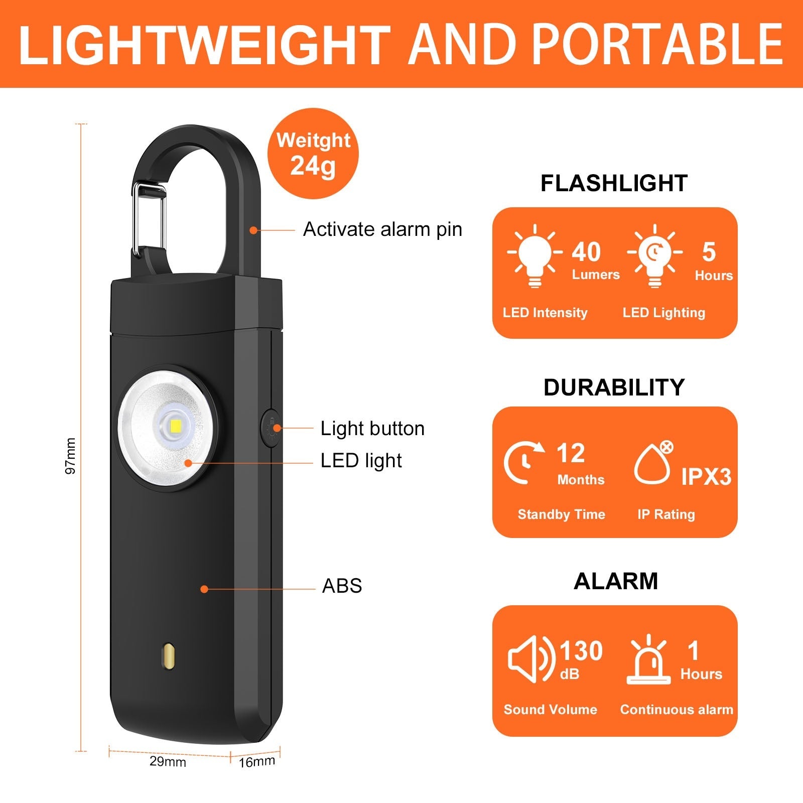 Compact safety keychain alarm with 130dB sound and flashlight for quick emergency alerts and daily protection.