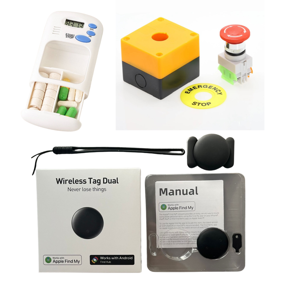 Emergency stop button, pill organizer, and GPS tracker bundle for seniors