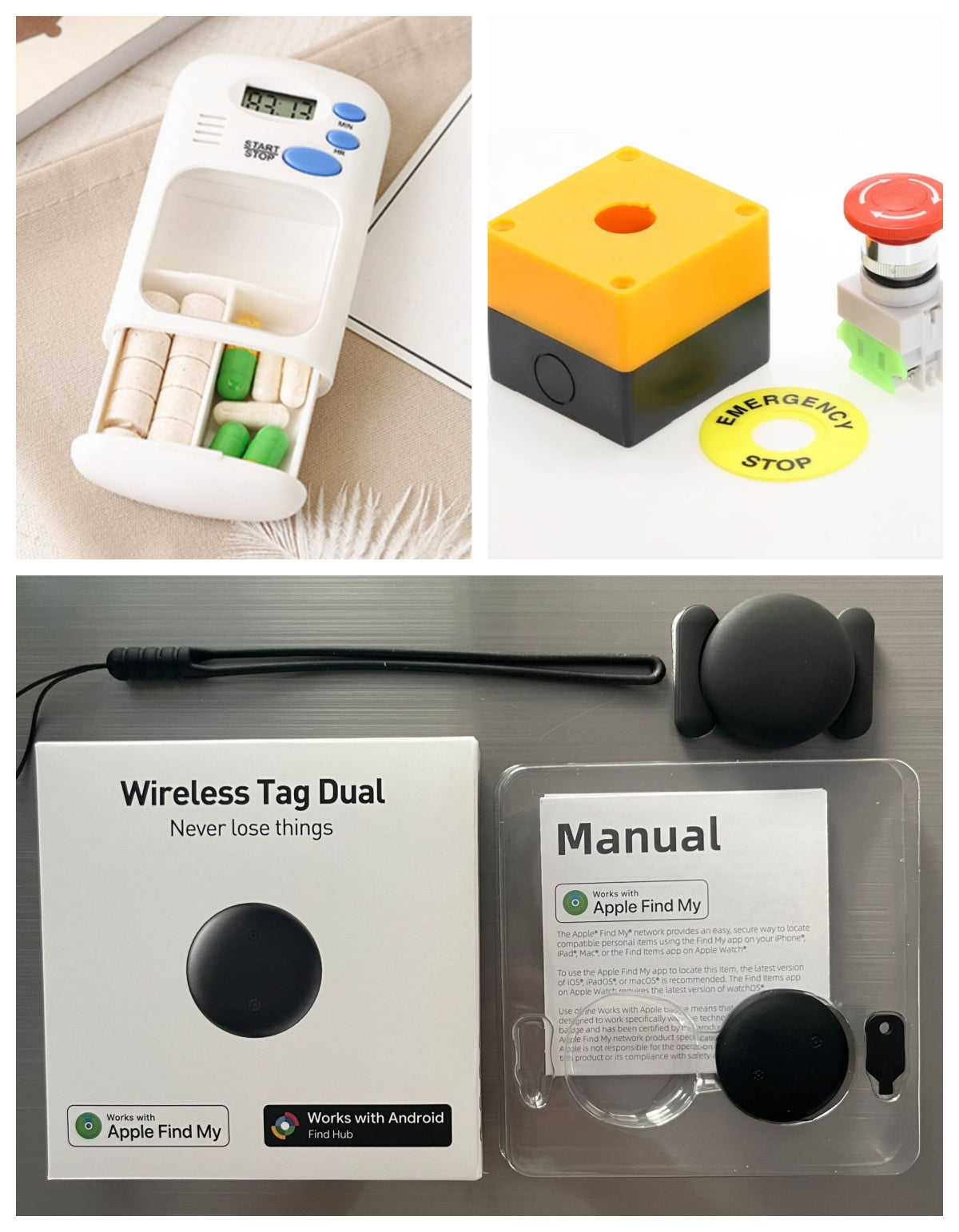 Senior Safety Essentials Bundle with emergency stop button, smart pill organizer, and Bluetooth GPS tracker