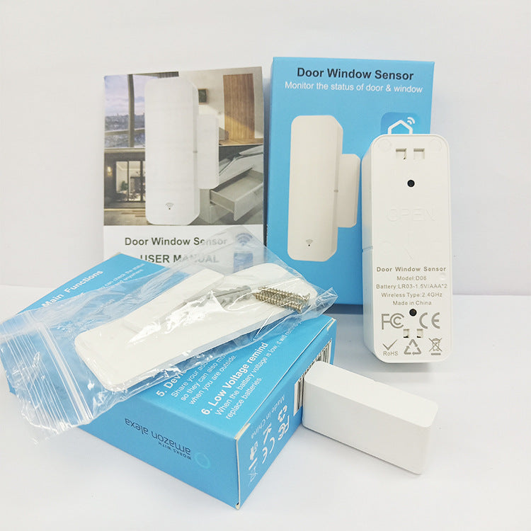 Door window sensor with packaging and user manual on a white background