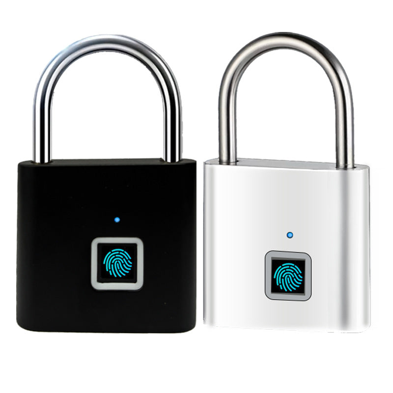 Smart fingerprint padlock waterproof lock, one black and one silver, on a white background.