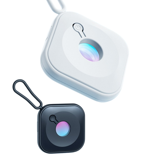 Two hidden camera detector with rounded corners shown on a white background: one in white with a white loop and one in dark gray/black with a black loop. Each has a circular iridescent lens-like center and a small top button.