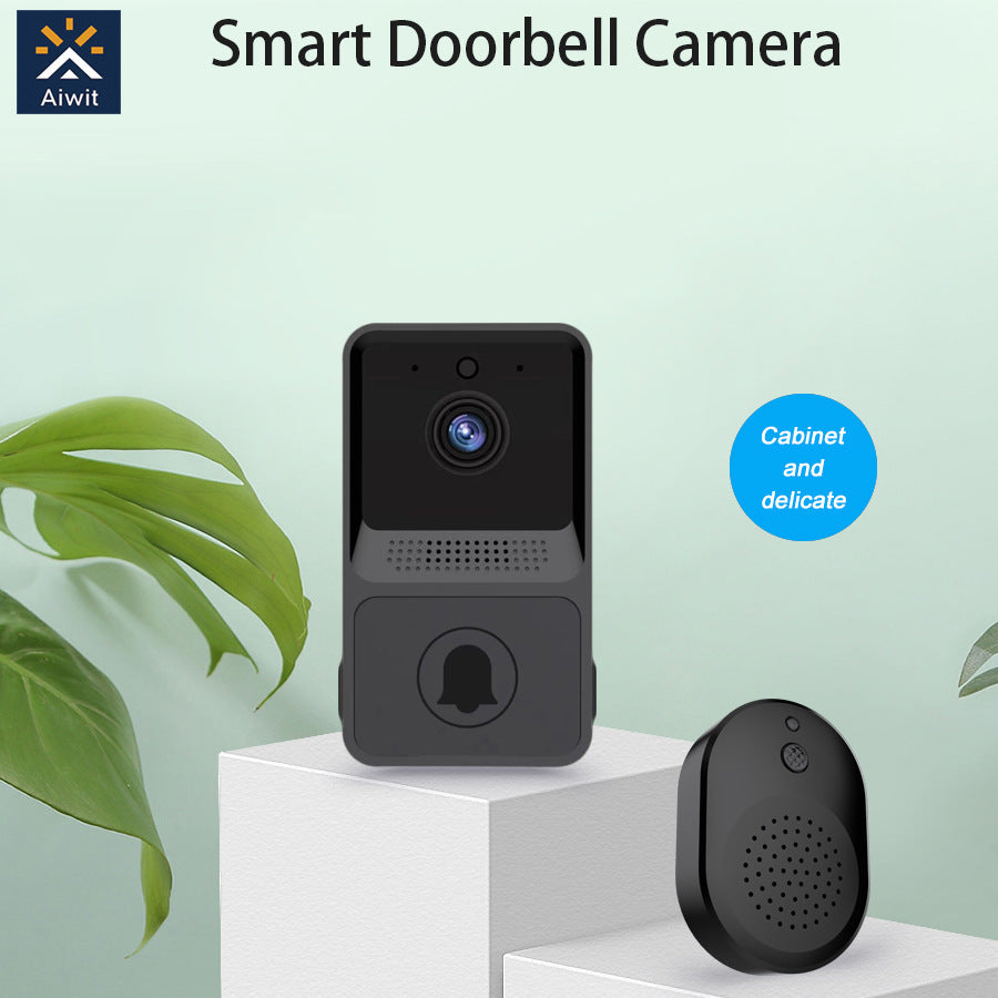 Smart doorbell camera with Aiwit logo on a light green background
