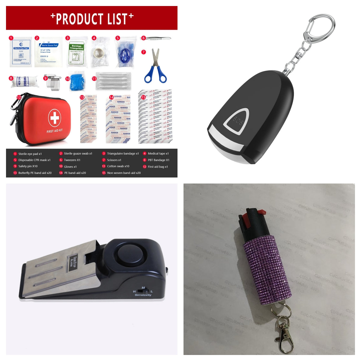 Student Safety Essentials Bundle with personal alarm, door stop alarm, pepper spray, and first aid kit