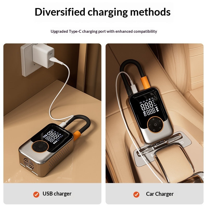 tire inflator portable air compressor: USB charger and car charger, with text on compatibility.