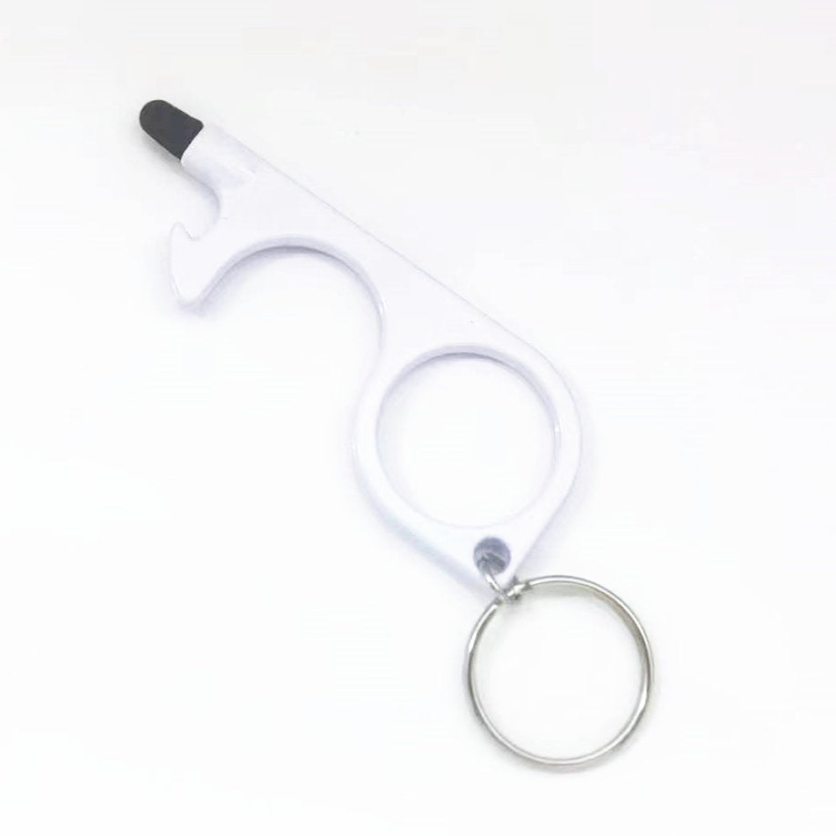 An escape tool keychain with a black rubber tip and a silver metal key ring, shown on a plain white background.