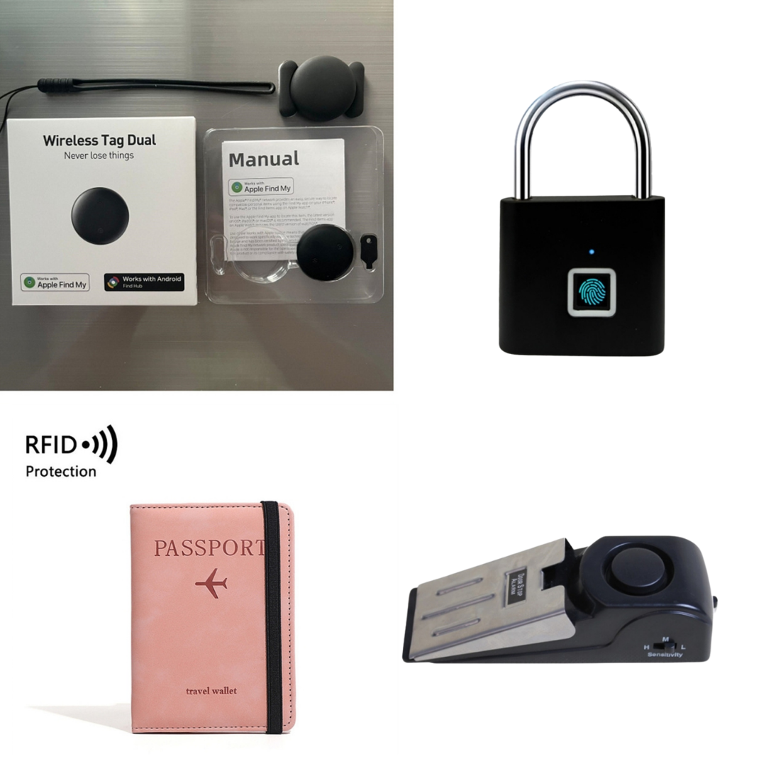 Travel Safety Essentials Bundle with GPS tracker, door stop alarm, RFID passport holder, and smart fingerprint padlock