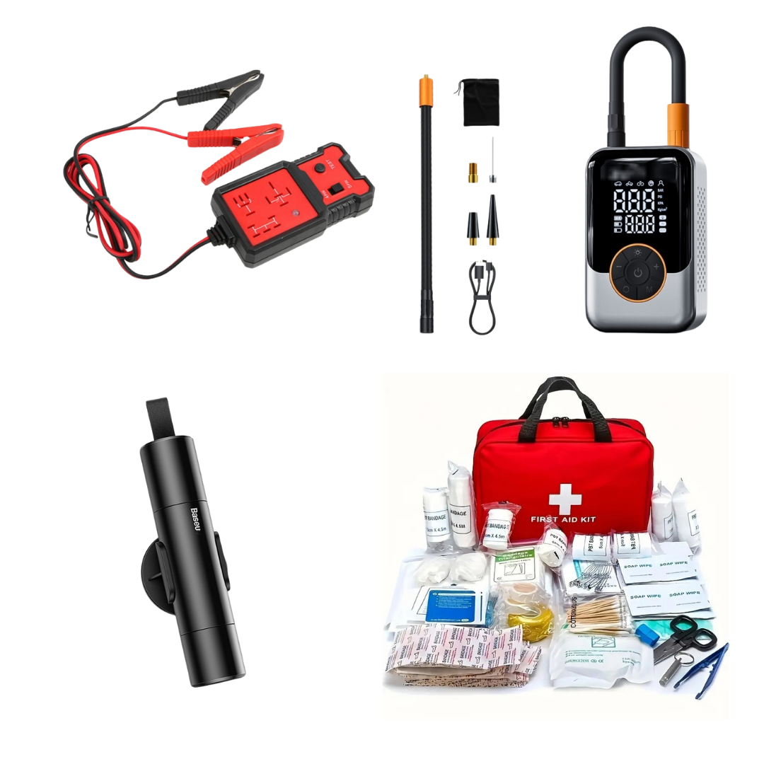 Vehicle Safety Essentials Bundle with wireless air pump, car escape tool, emergency kit, and relay tester