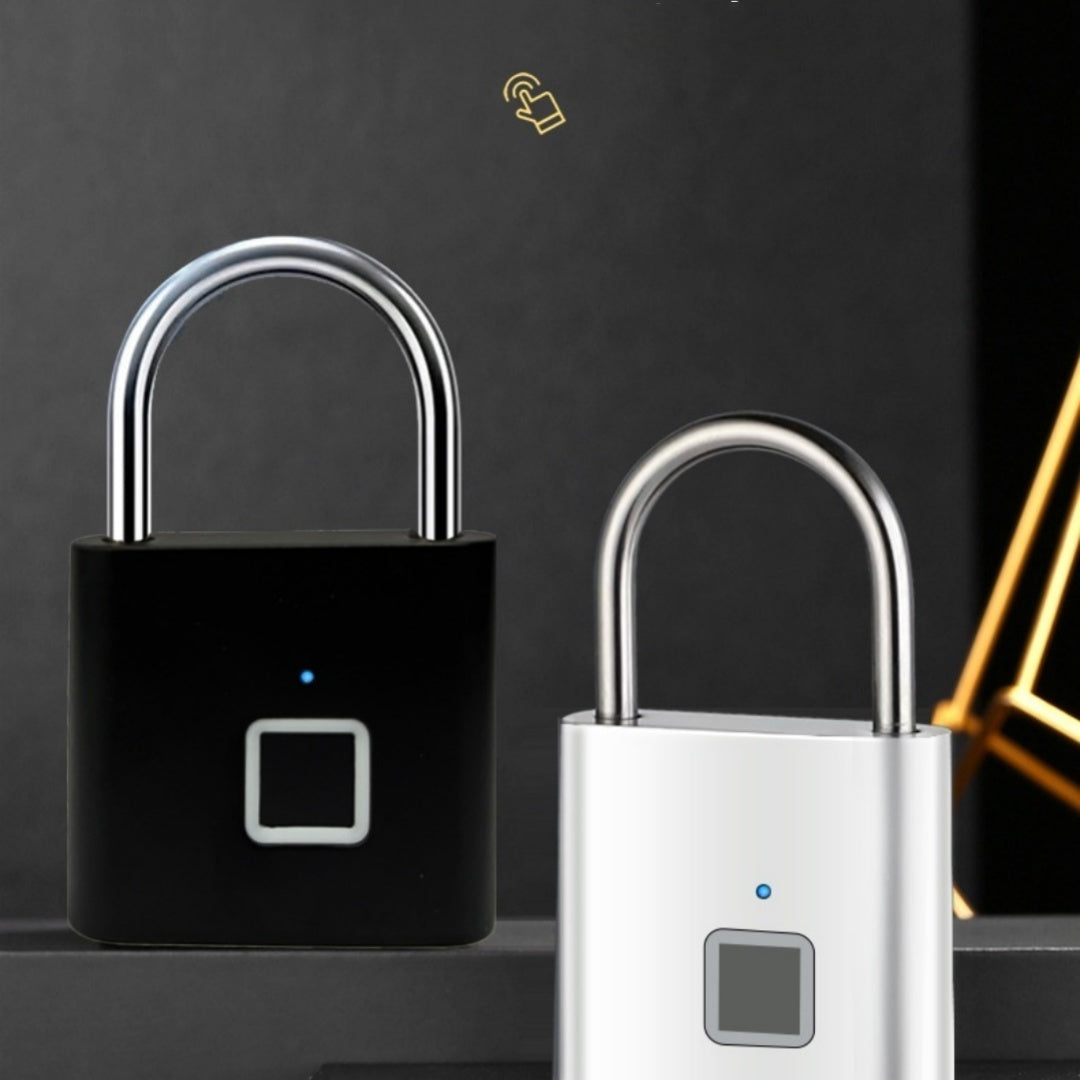 Two smart  fingerprint padlock one black and one white, on a dark background.