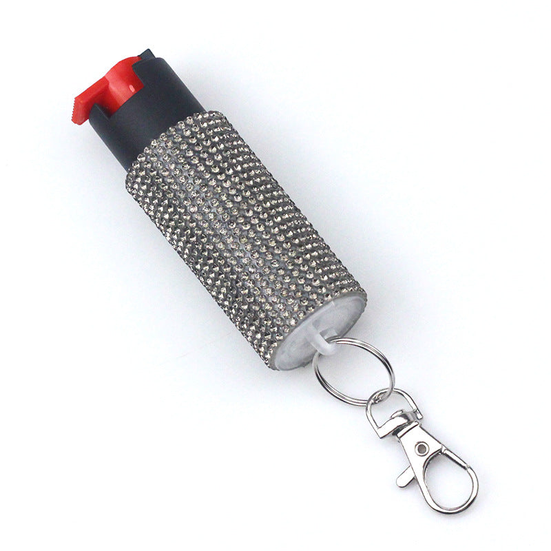 White rhinestone pepper spray keychain for women's personal protection