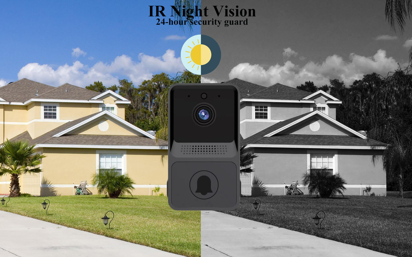 Security camera with IR night vision feature displayed against a split-screen background of a house.