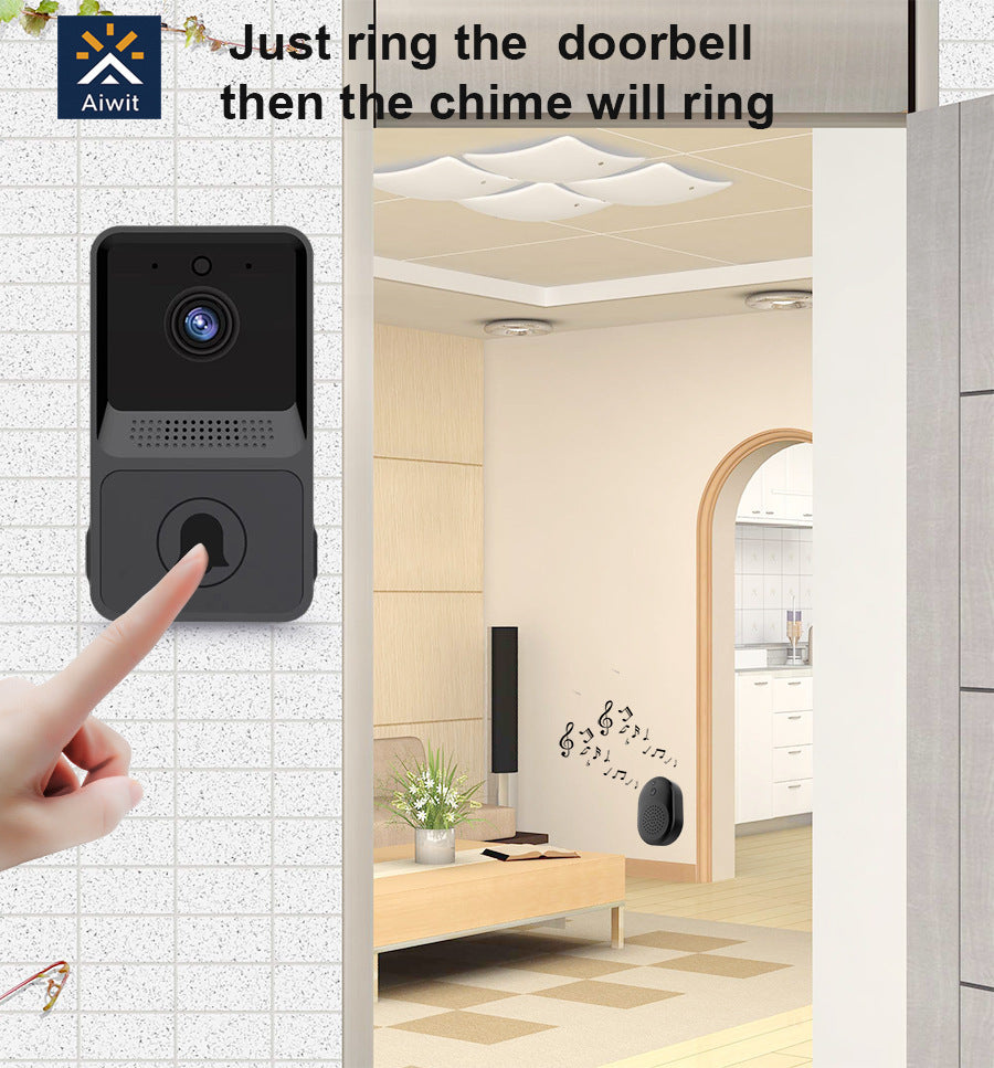 Smart doorbell with a hand pressing the button, set against a modern interior background.