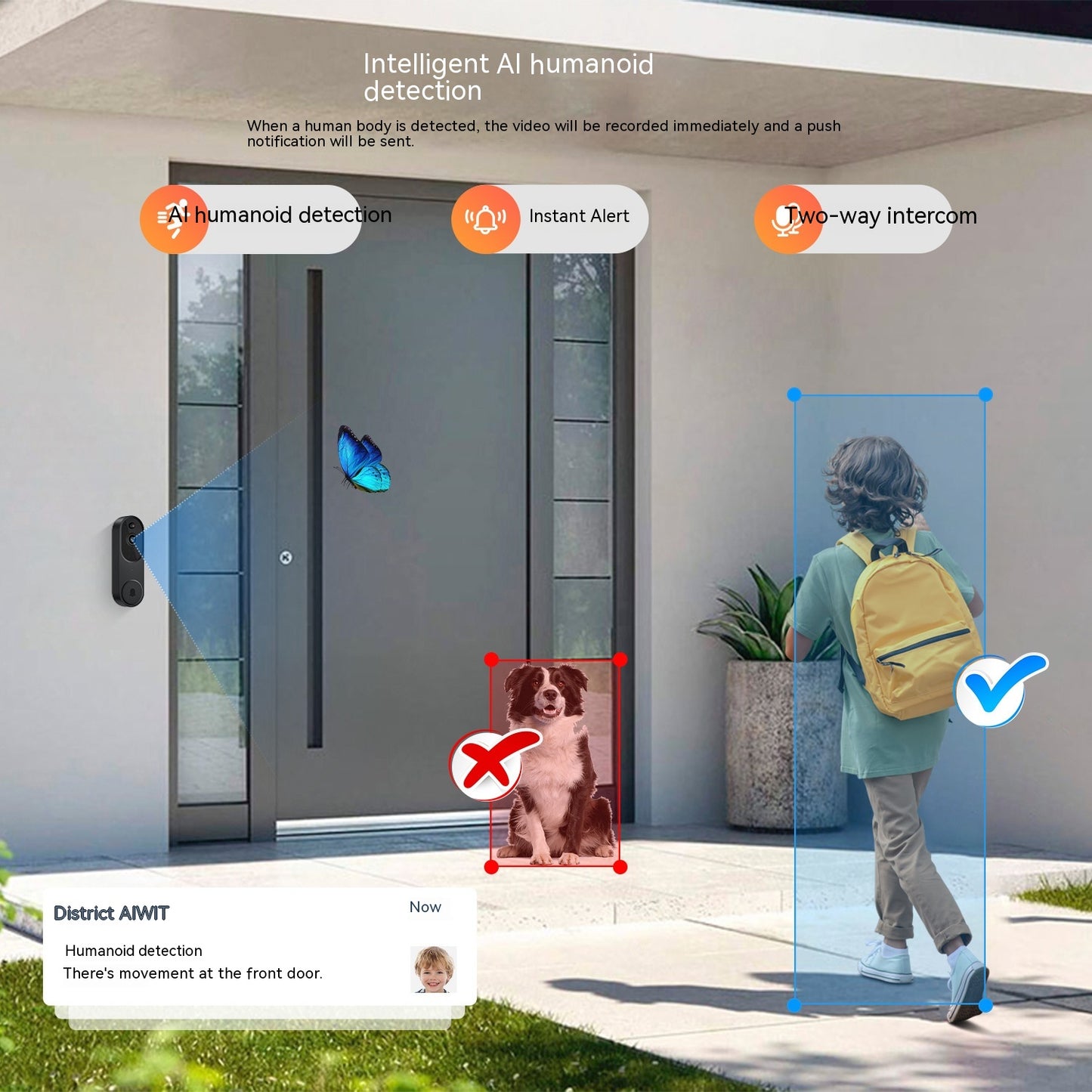 Smart doorbell system with AI humanoid detection, instant alert, and two-way intercom features.